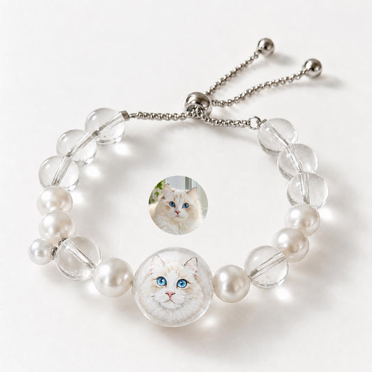 Custom Pet Face Bracelet – Handcrafted Pearl & Crystal Adjustable Bracelet - personalized pet gift detail image 2