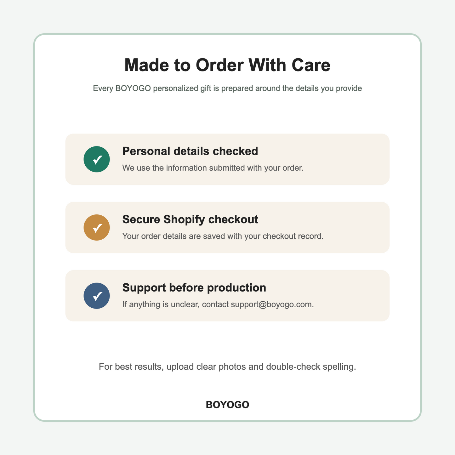 BOYOGO made to order care and secure checkout guide