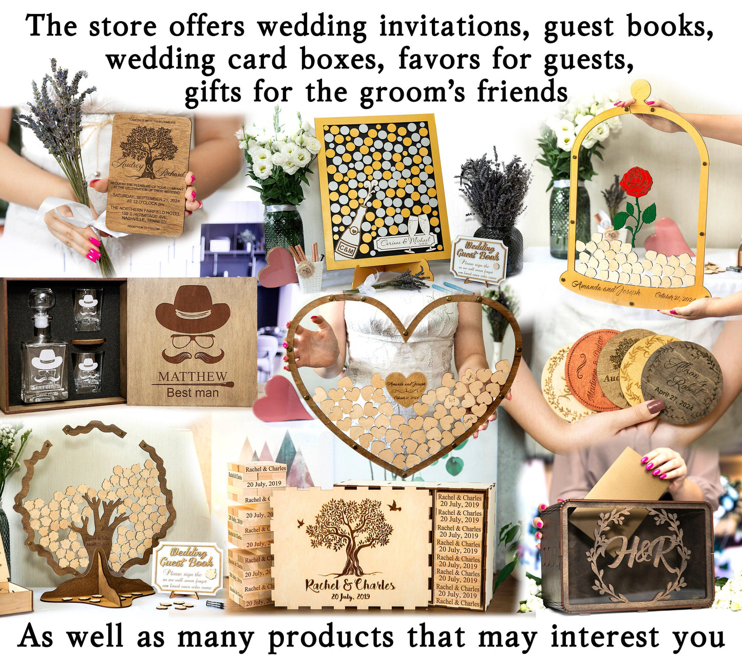 Coordinated personalized wooden wedding decor collection