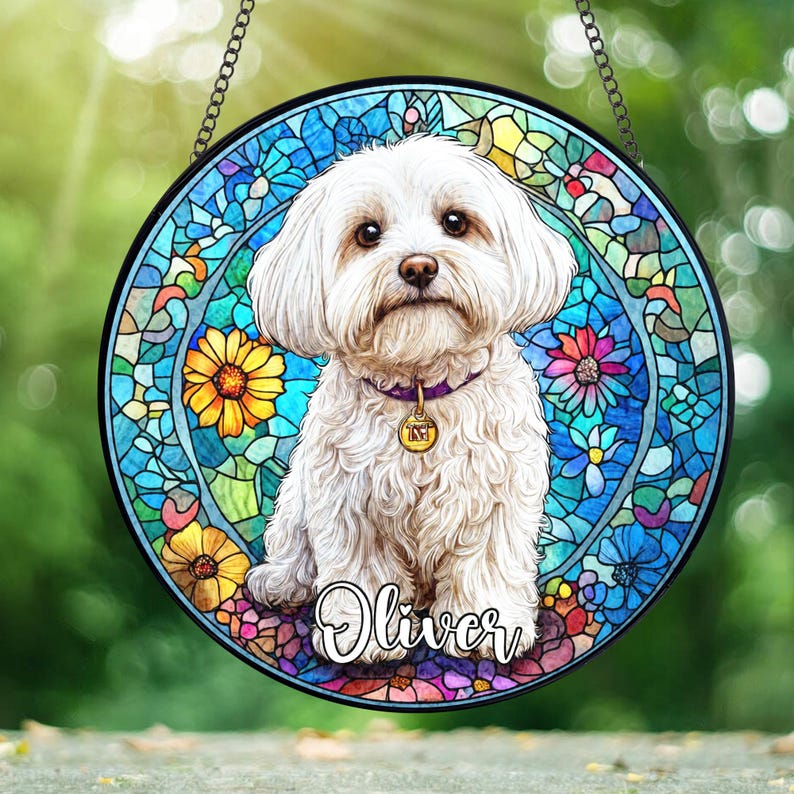 Custom Maltese Dog Stained Glass Suncatcher personalized portrait window decor