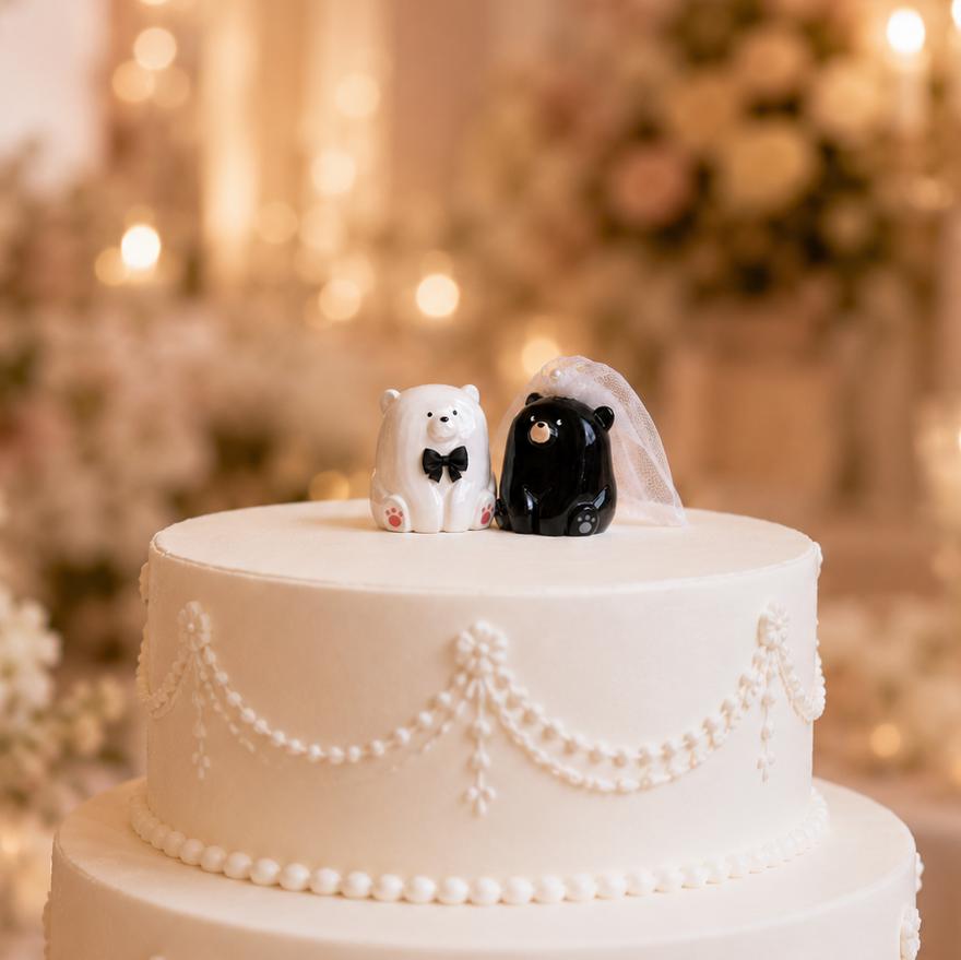 Handmade ceramic bear wedding cake topper bride and groom figurines - view 6