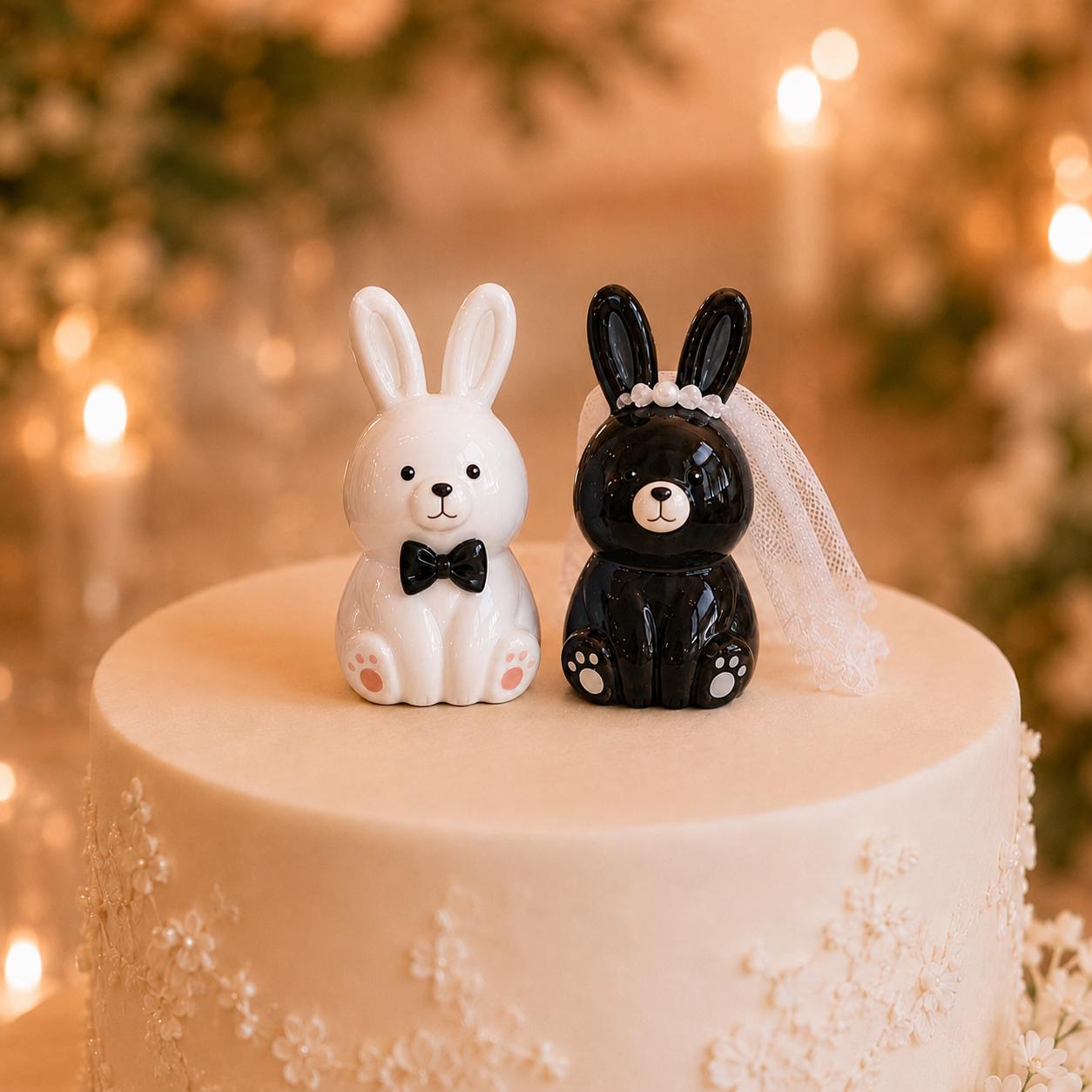 Black and white ceramic bunny wedding cake topper couple with bow tie and veil