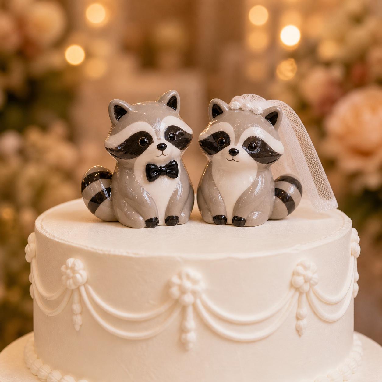 Ceramic raccoon bride and groom wedding cake topper figurine pair