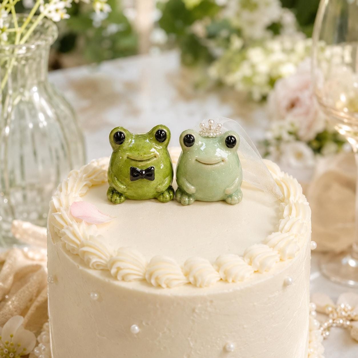 Handmade ceramic frog bride and groom wedding cake topper pair