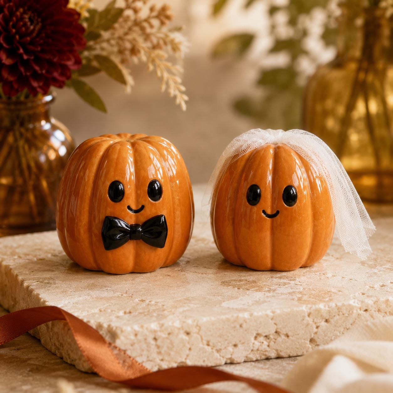 Halloween ceramic pumpkin bride and groom wedding cake topper pair