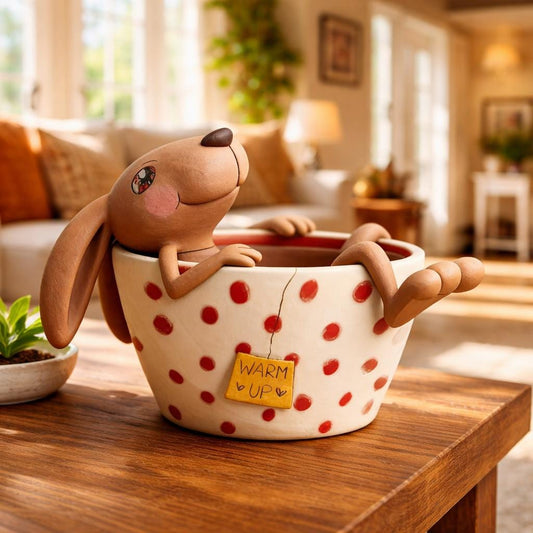 Handmade bunny in a polka-dot teacup clay figurine
