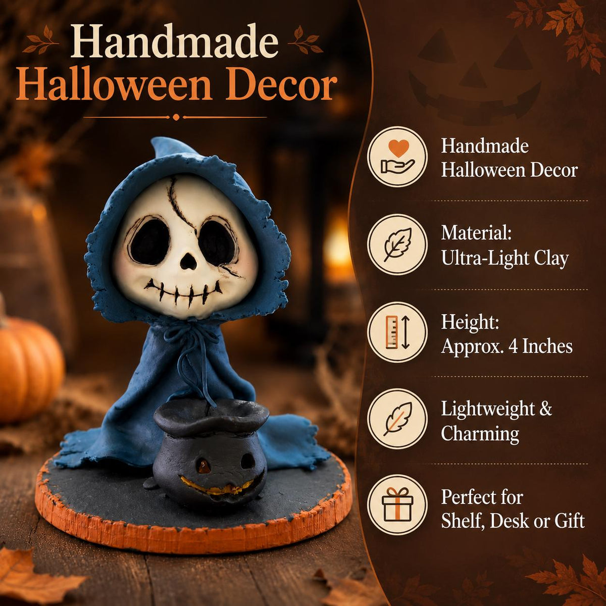 Blue-cloaked skeleton wizard clay figurine — original image 7