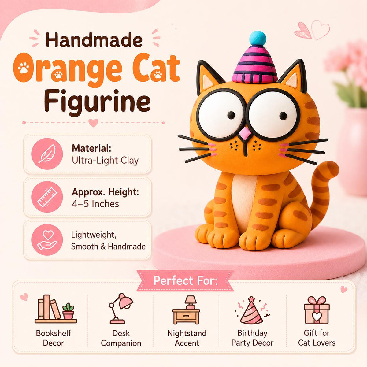 Orange cat clay figurine with striped party hat — original image 6