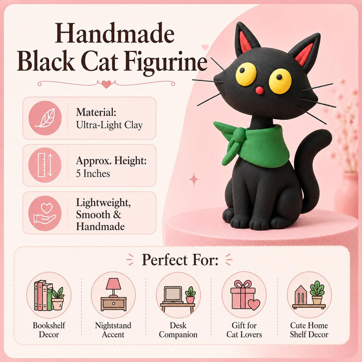 Black cat clay figurine with green neckerchief — original image 6