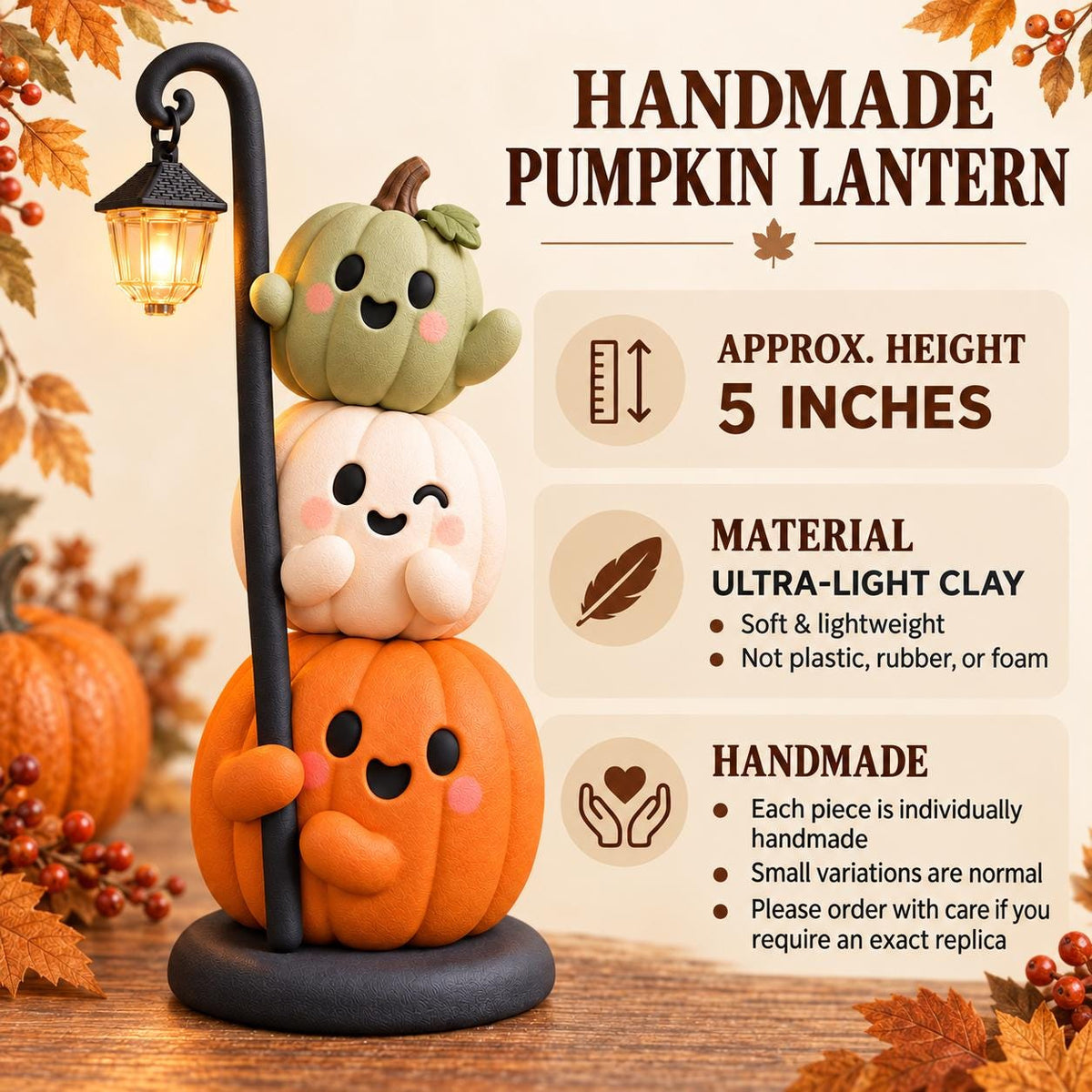 Handmade Stacked Pumpkin Lantern, Ultra-Light Clay Halloween Figurine, Spooky Season Decor — image 7