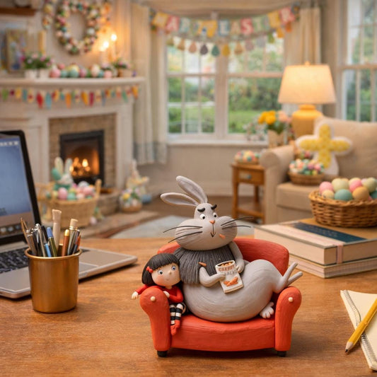 Handmade Bunny and Girl on Sofa Clay Figurine — view 2