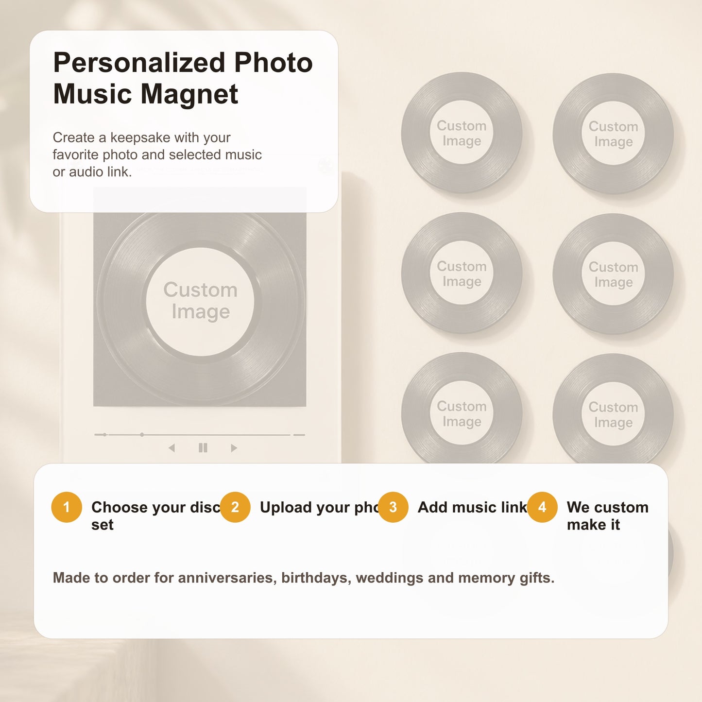 Personalized NFC Music Photo Fridge Magnet with Rotating Vinyl Design - 3