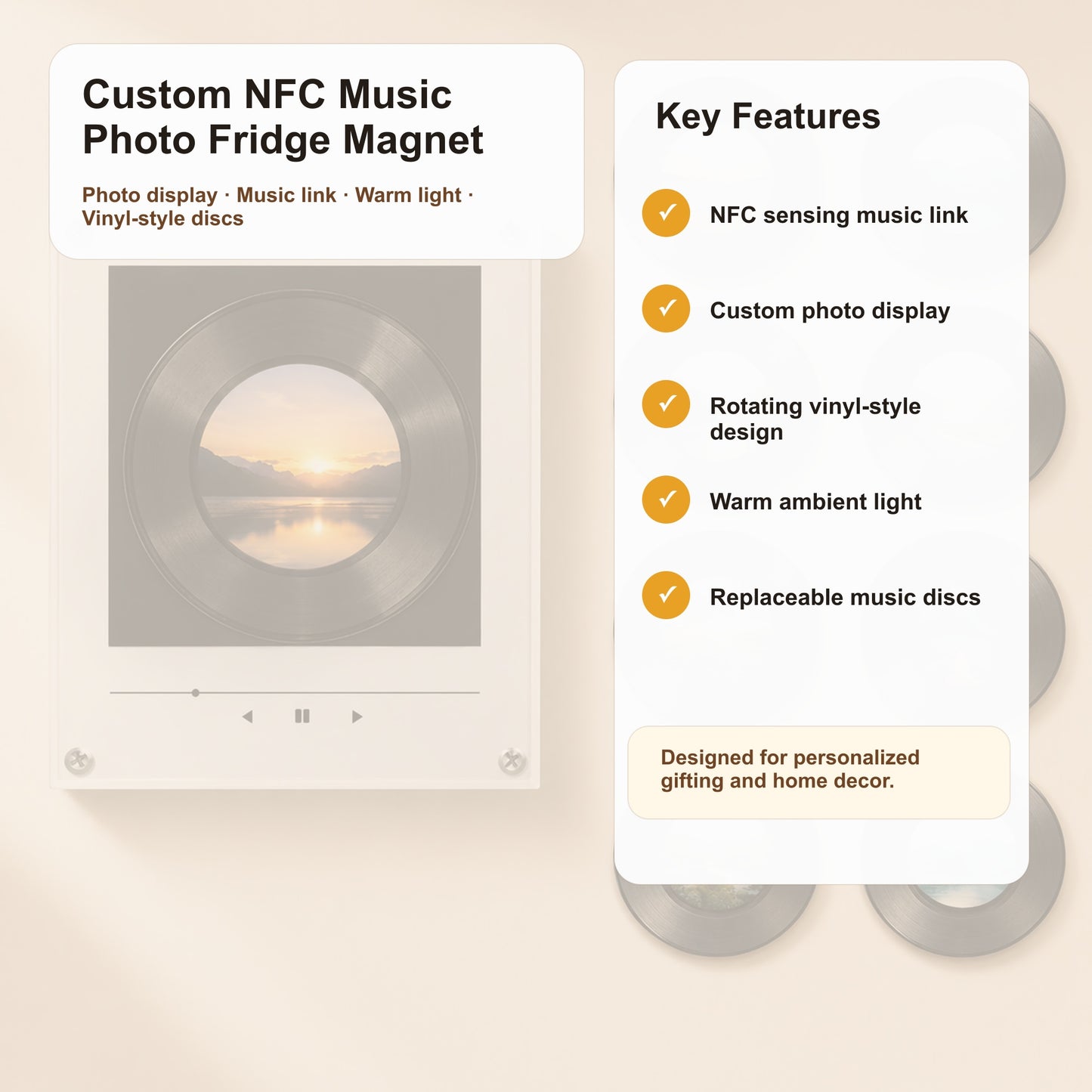 Personalized NFC Music Photo Fridge Magnet with Rotating Vinyl Design - 4