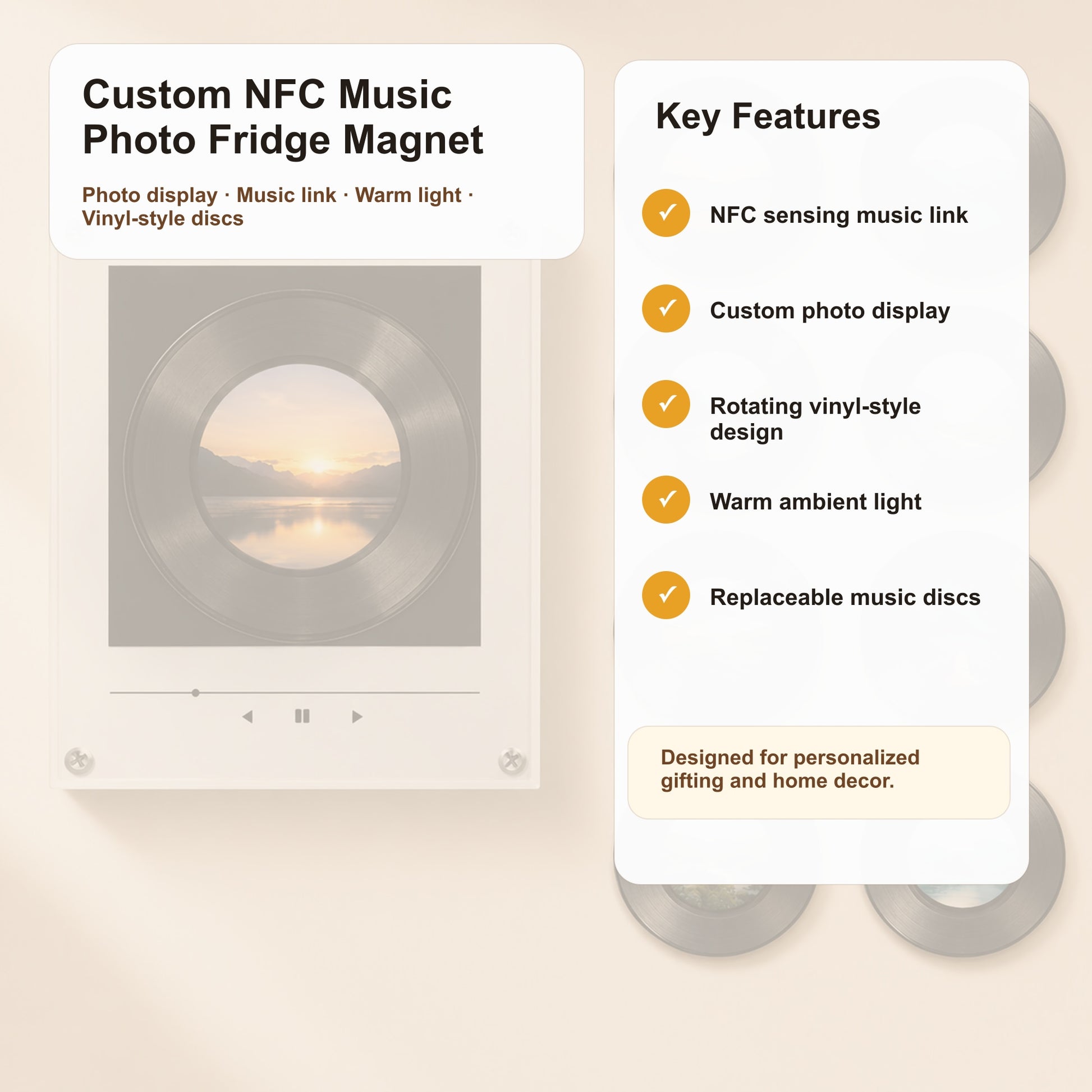 Personalized NFC Music Photo Fridge Magnet with Rotating Vinyl Design - 4