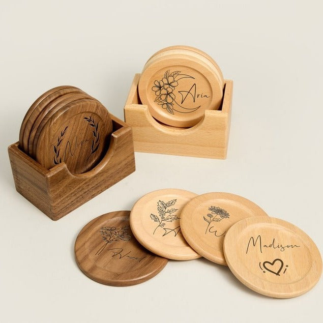 Birth Flower Wooden Coaster – Personalized Family Member Design