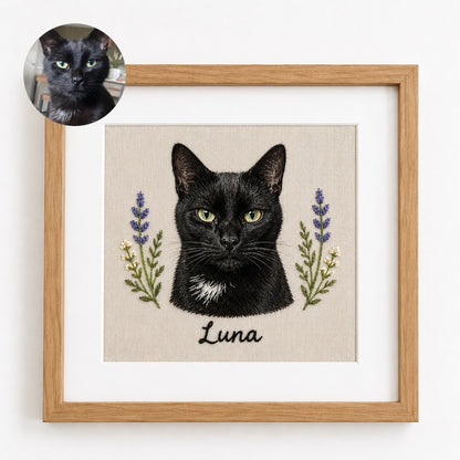 Custom Embroidered Pet Portrait Frame with Personalized Name – size and style reference