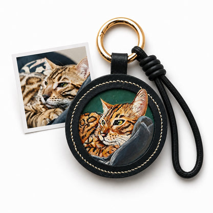 Custom Leather Pet Portrait Keychain – close-up product detail