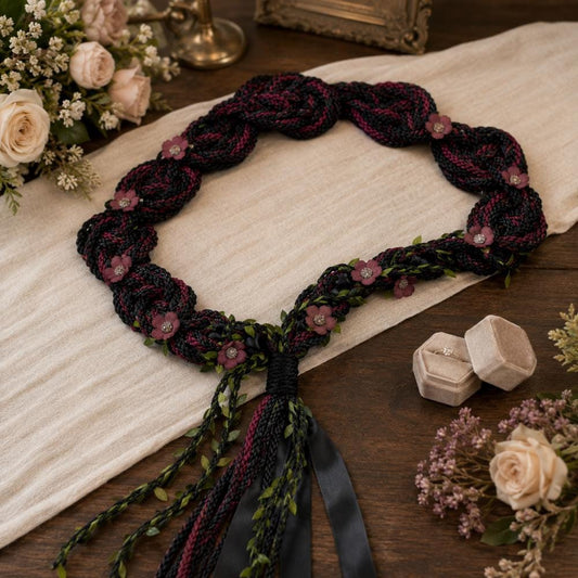 Black & Burgundy Floral Handfasting Cord – Custom Wedding Keepsake