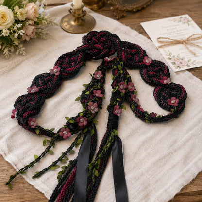 Black & Burgundy Floral Handfasting Cord – Custom Wedding Keepsake