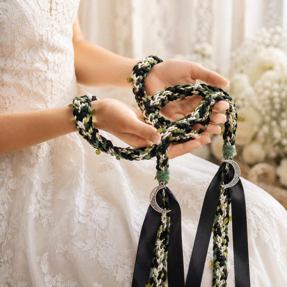 Black and green handfasting cord - product and customization reference 3