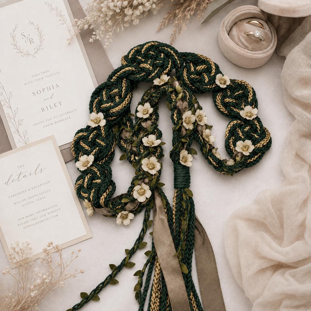 Forest Green & Gold Handfasting Cord – Personalized Wedding Keepsake