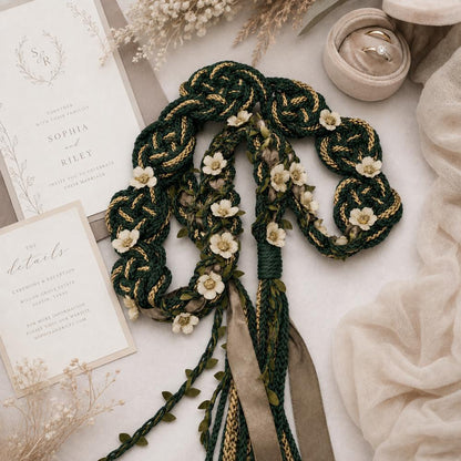 Forest Green & Gold Handfasting Cord – Personalized Wedding Keepsake