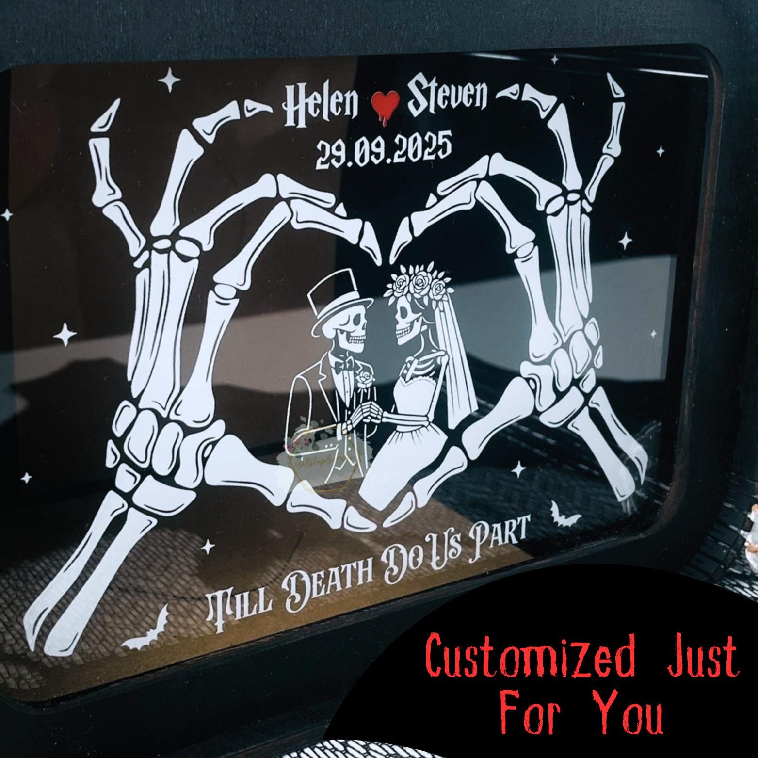 Personalized spooky wedding card box detail