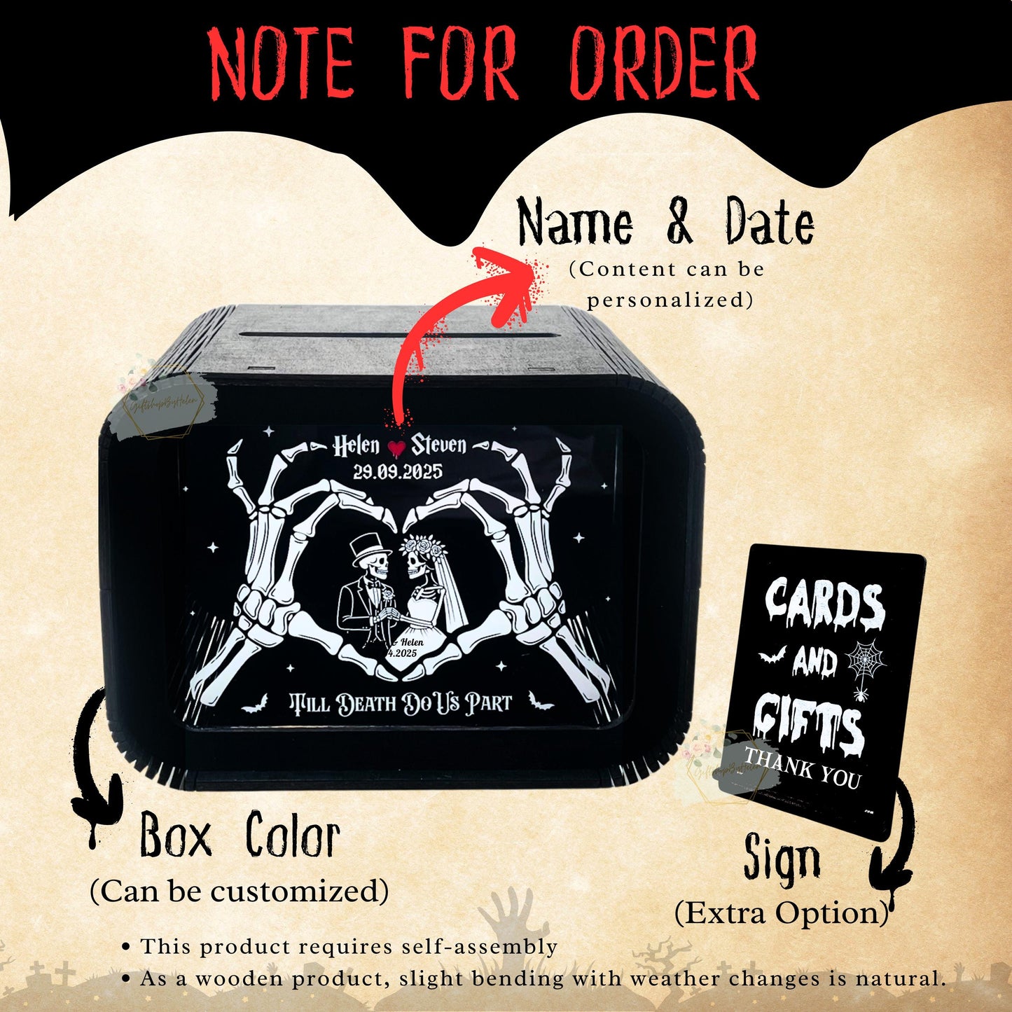 Gothic wedding card box size guide