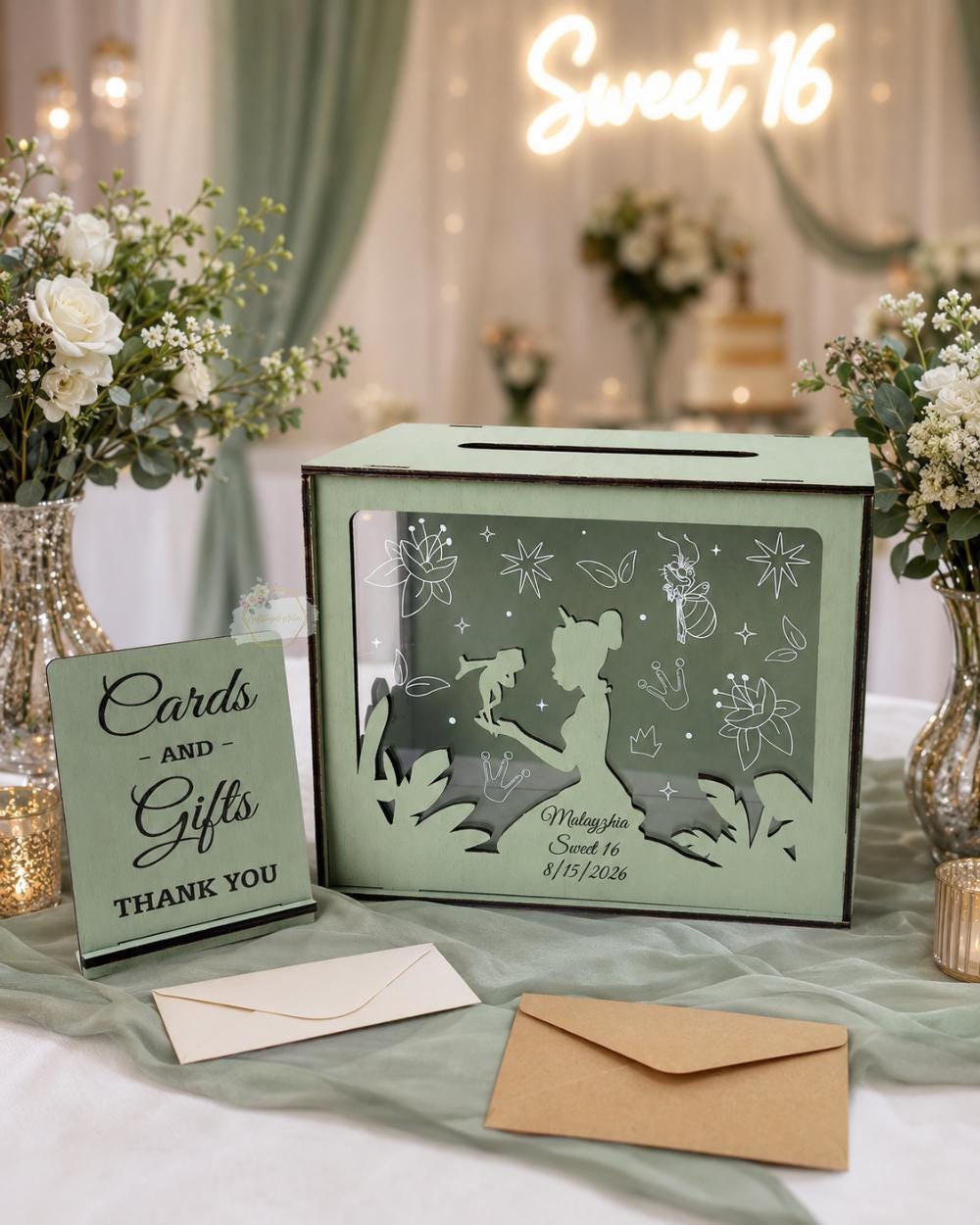 Personalized frog princess quinceanera card box in sage green