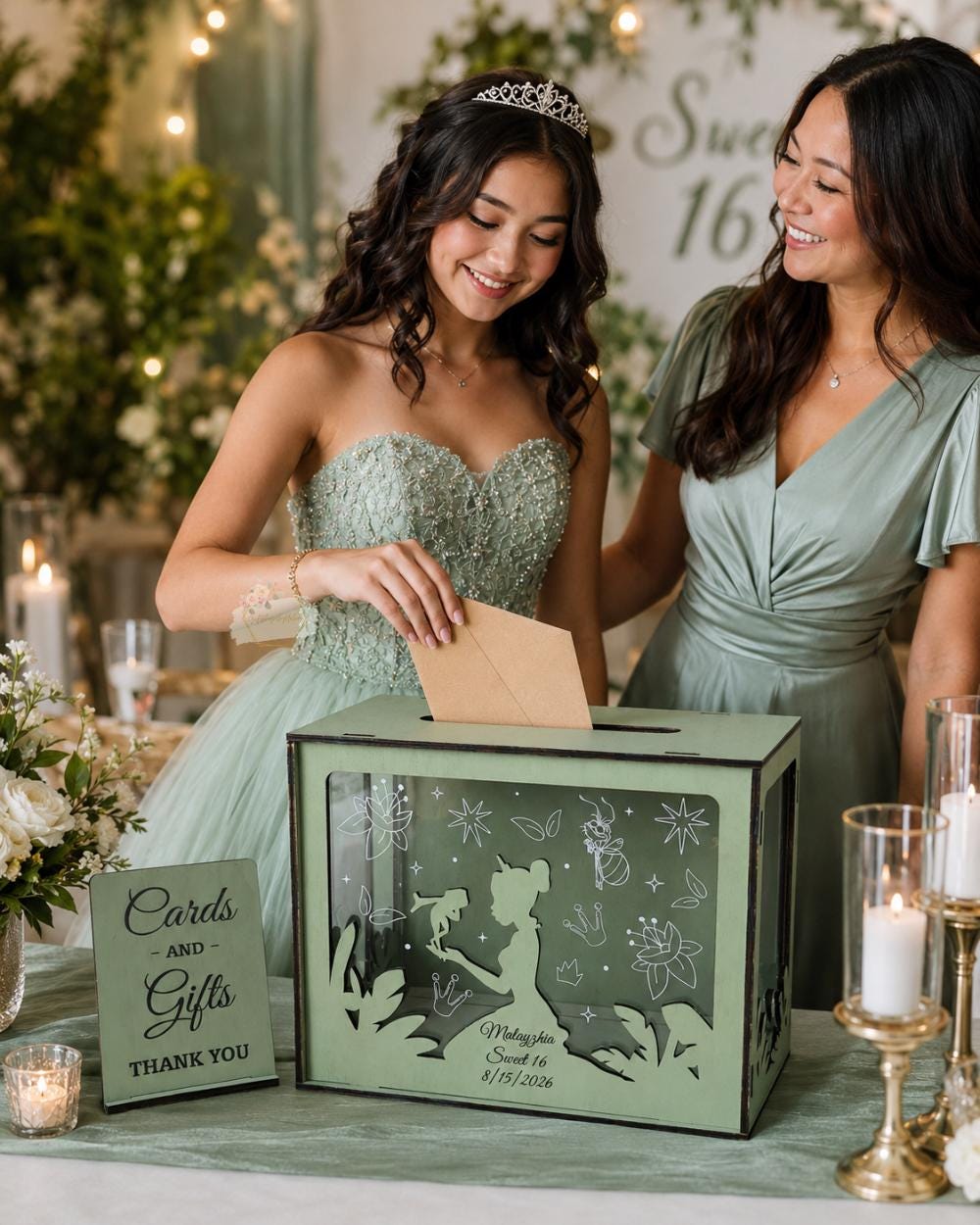 Personalized quinceanera card box acrylic front detail