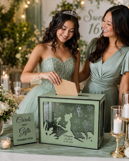 Personalized quinceanera card box acrylic front detail