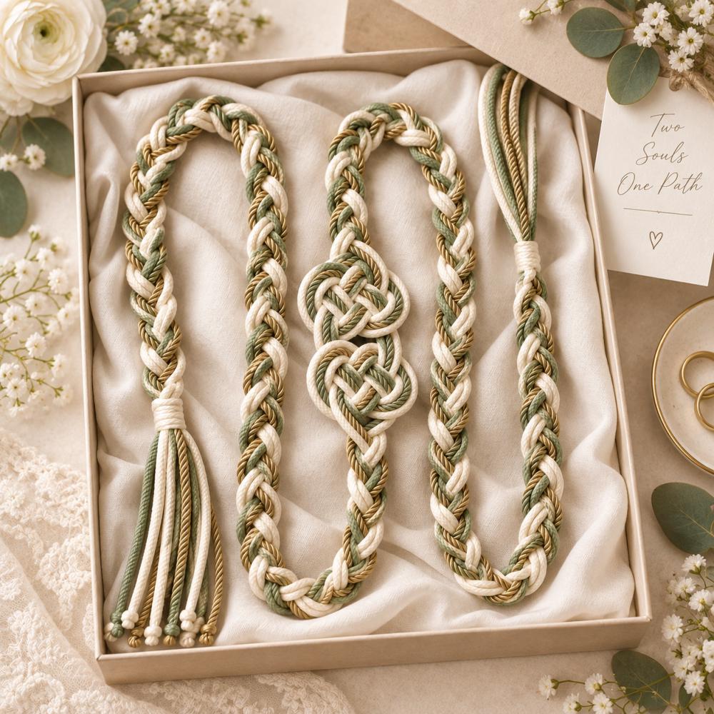 Sage green ivory and gold handfasting cord — original image 5
