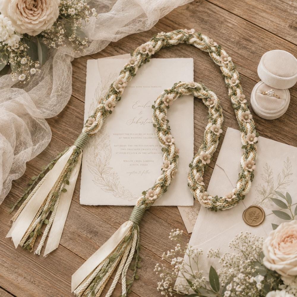 Sage & Ivory Floral Handfasting Cord with Blush Flowers — product image 1