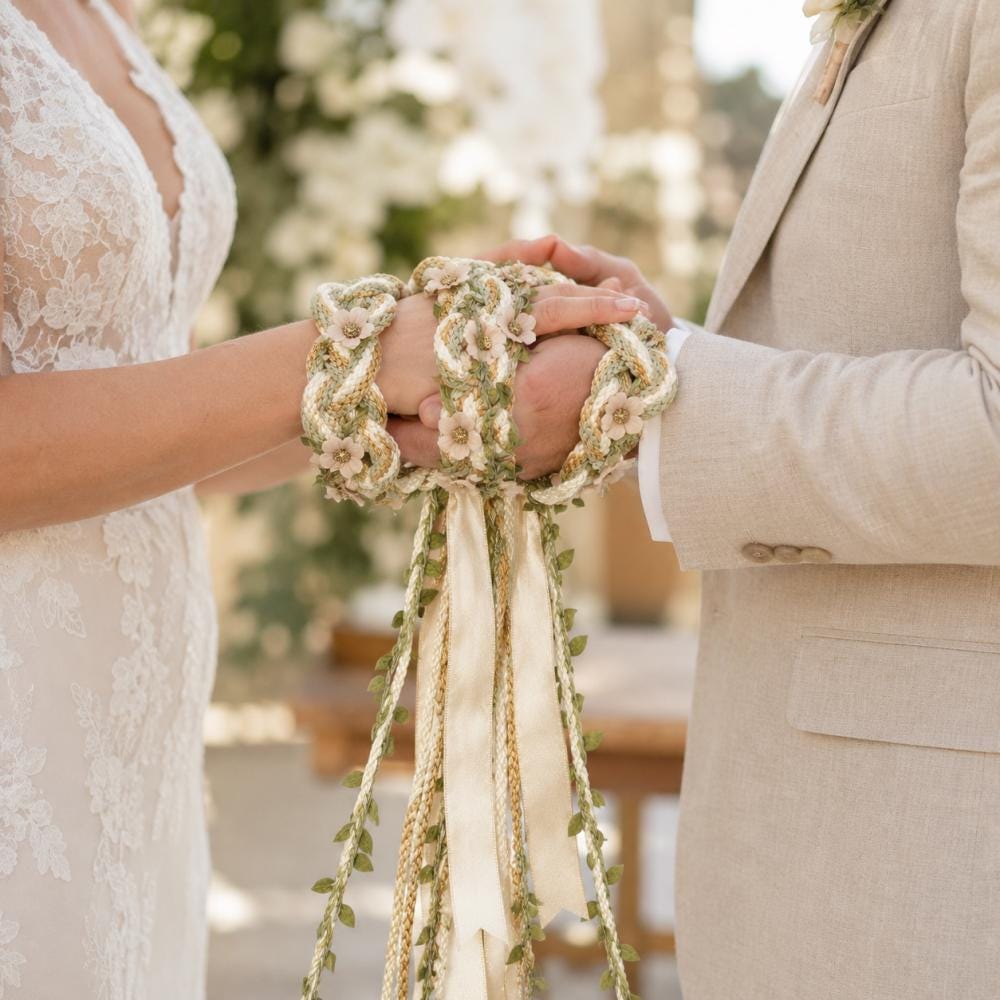 Sage & Ivory Floral Handfasting Cord with Blush Flowers — product image 2