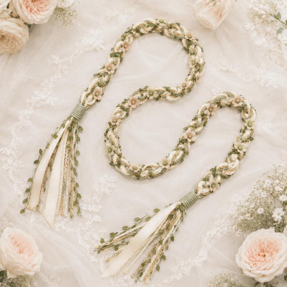 Sage & Ivory Floral Handfasting Cord with Blush Flowers — product image 4
