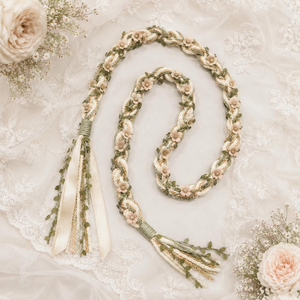 Sage & Ivory Floral Handfasting Cord with Blush Flowers — product image 5