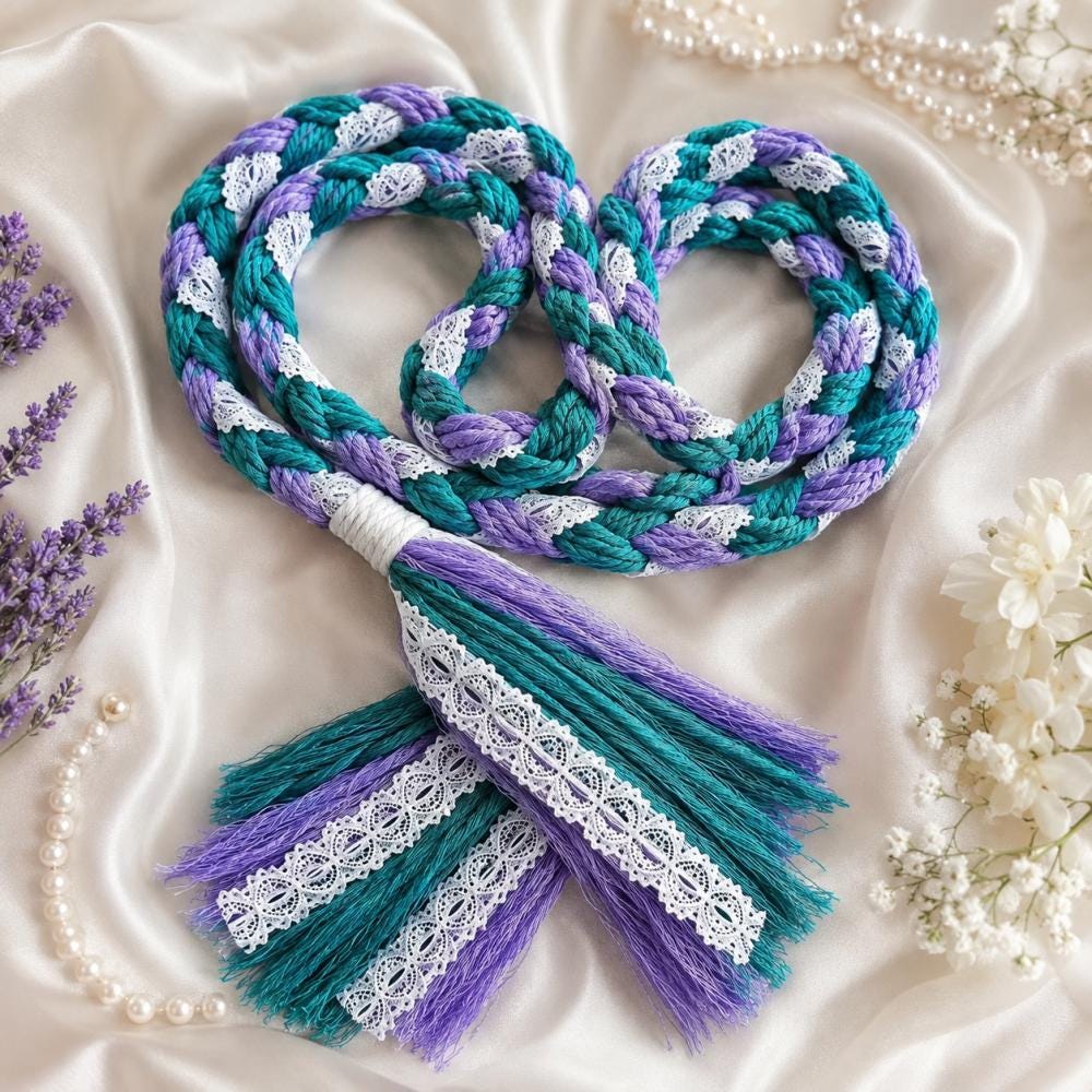 Teal & Lavender Handfasting Cord with White Lace — product image 1
