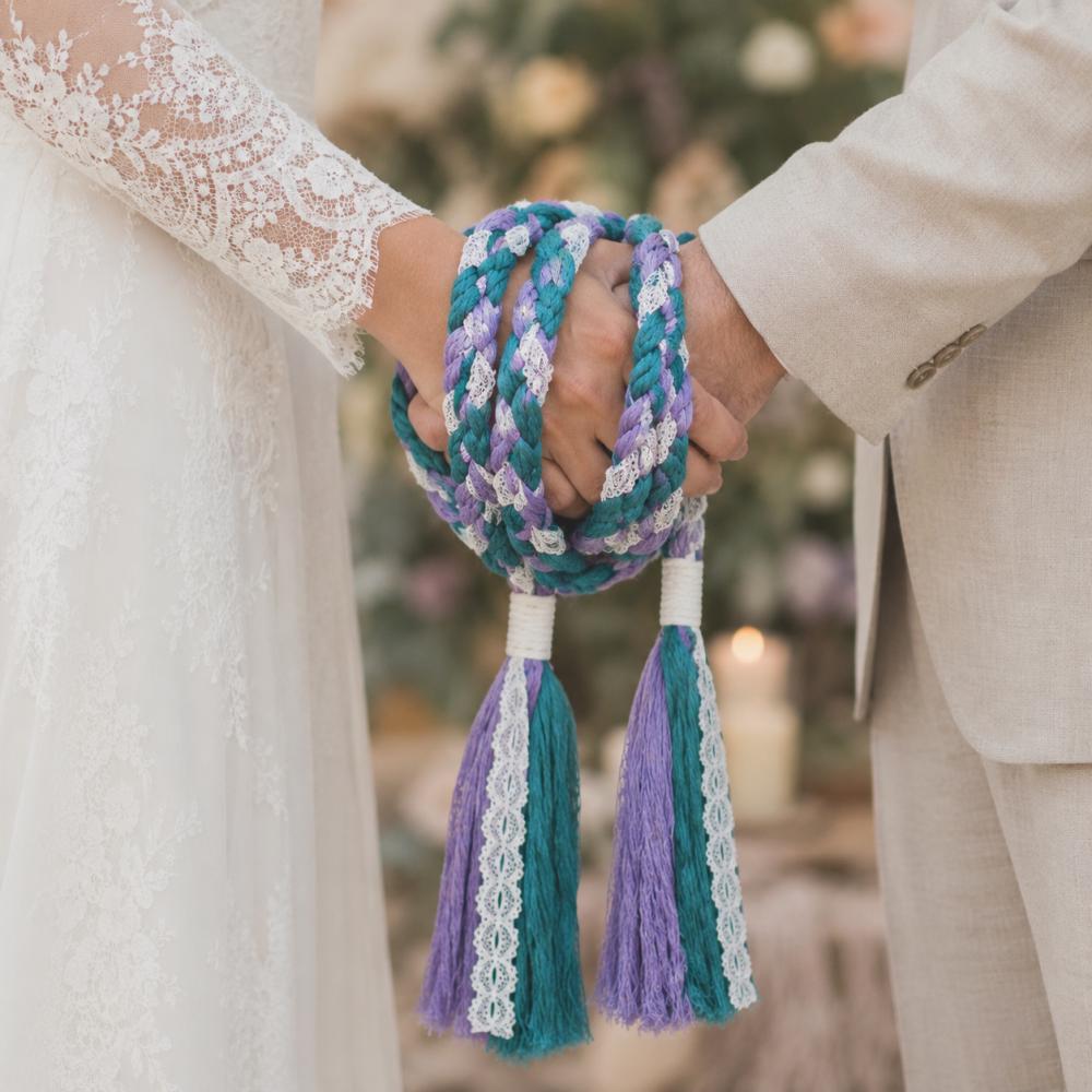 Teal & Lavender Handfasting Cord with White Lace — product image 2