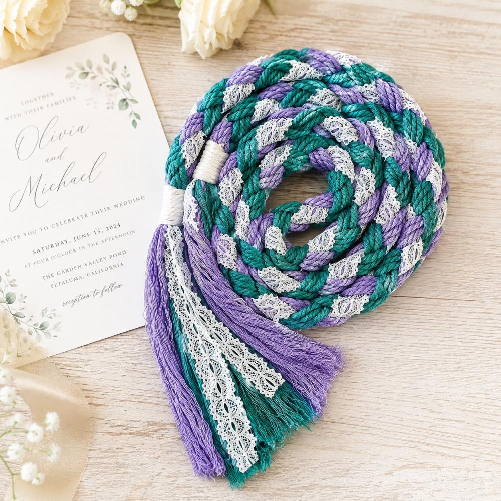 Teal & Lavender Handfasting Cord with White Lace — product image 3