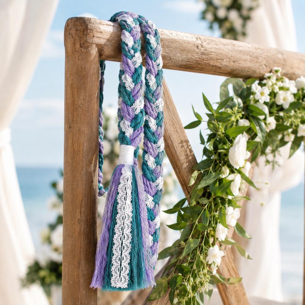 Teal & Lavender Handfasting Cord with White Lace — product image 4
