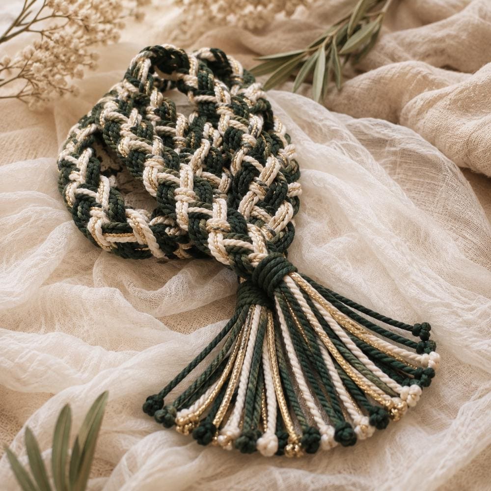 Deep Green, Ivory & Gold Flat Braided Handfasting Cord — product image 1