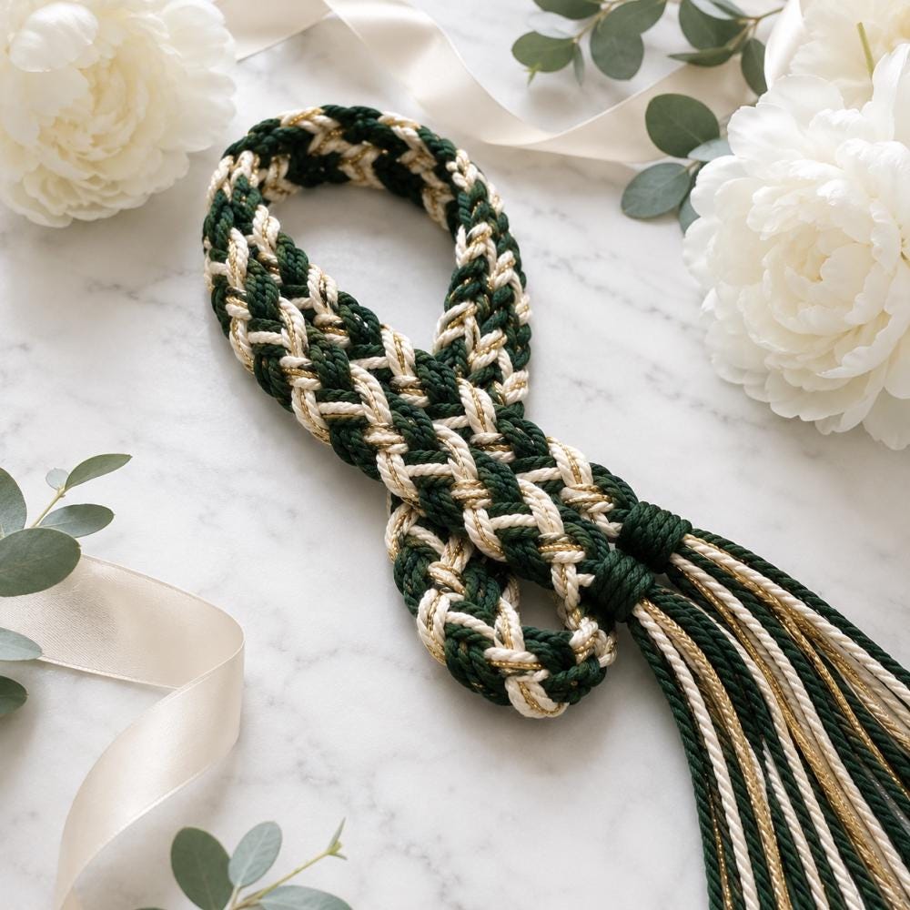 Deep Green, Ivory & Gold Flat Braided Handfasting Cord — product image 3