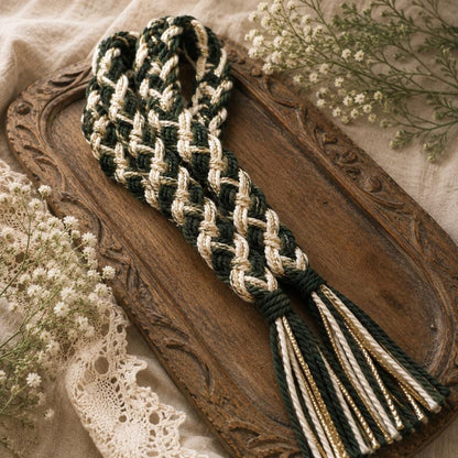 Deep Green, Ivory & Gold Flat Braided Handfasting Cord — product image 5