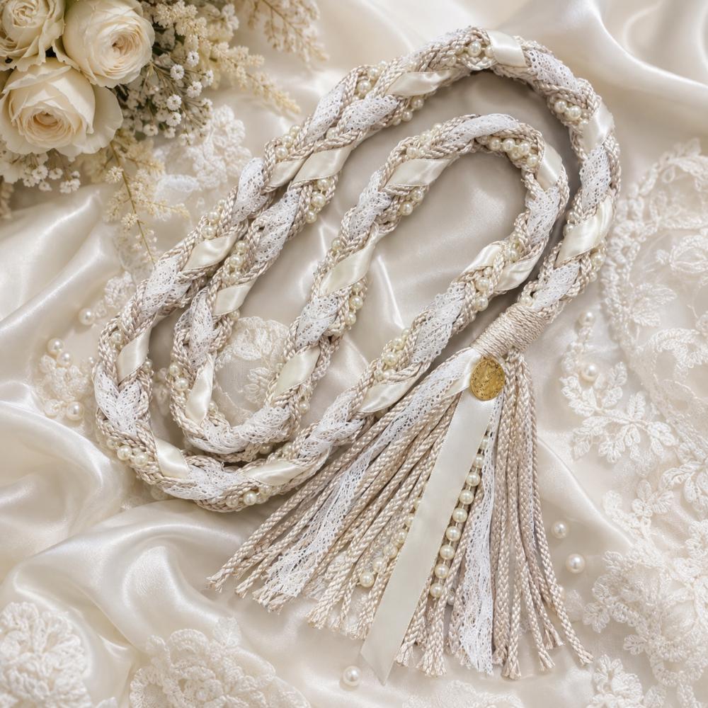 Champagne & Ivory Lace Handfasting Cord with Pearl Details — product image 1