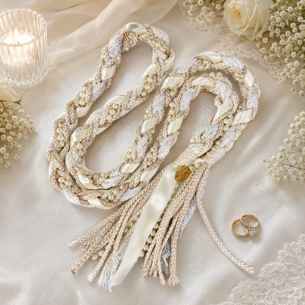 Champagne & Ivory Lace Handfasting Cord with Pearl Details — product image 2