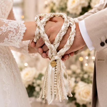 Champagne & Ivory Lace Handfasting Cord with Pearl Details — product image 3
