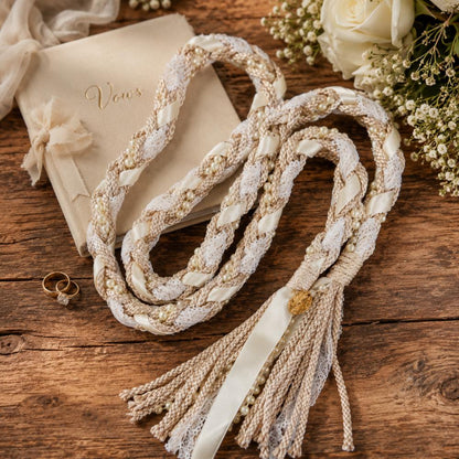Champagne & Ivory Lace Handfasting Cord with Pearl Details — product image 4