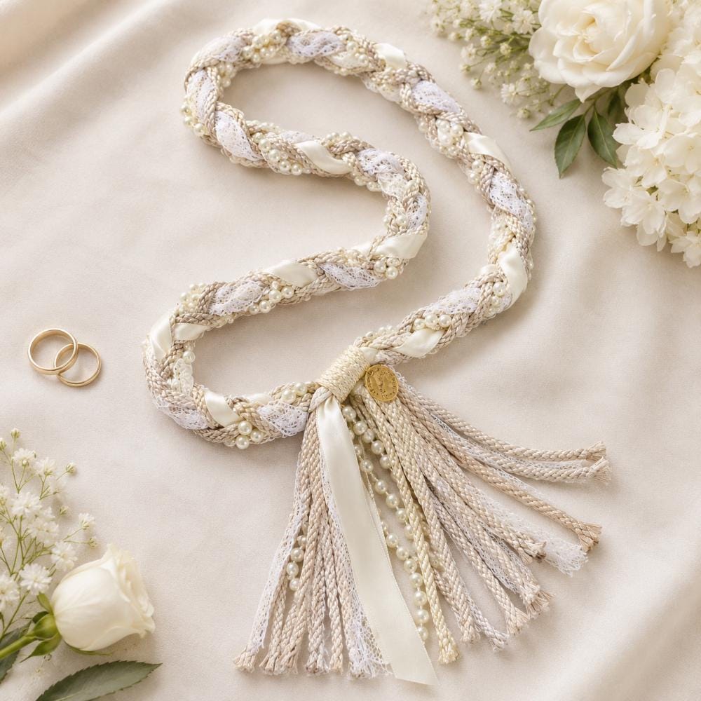 Champagne & Ivory Lace Handfasting Cord with Pearl Details — product image 5