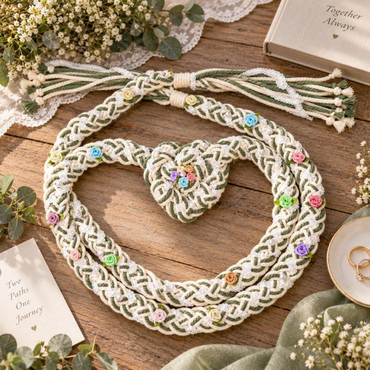Burgundy & Ivory Floral Heart Knot Handfasting Cord — product image 1