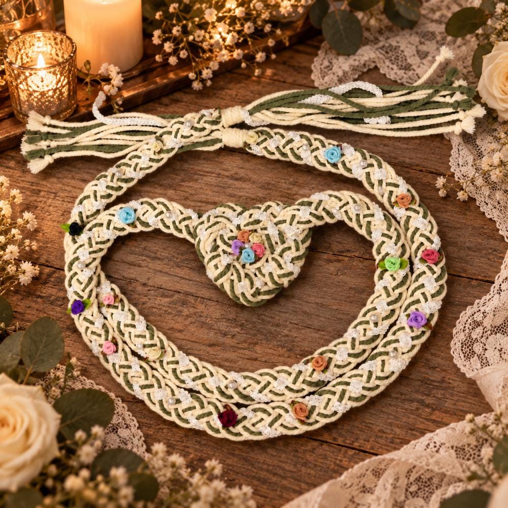 Burgundy & Ivory Floral Heart Knot Handfasting Cord — product image 2